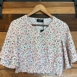 Soda White Flutter Sleeve Crop Blouse